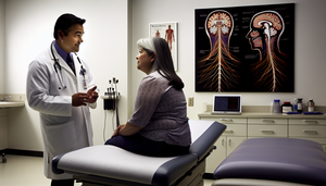 A middle-aged Hispanic physician in a white coat and stethoscope explains to a Hispanic female patient in her 30s, pointing to an anatomical chart of the nervous system on the wall. The patient, seated on an examination table, listens attentively. The well-lit and equipped medical consultation room emphasizes the importance of understanding demyelinating disorders such as Guillain-Barré syndrome and chronic demyelinating polyneuropathy, as well as the role of lumbar puncture and electromyography in diagnosis.
