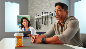 Un hombre hispano de mediana edad en un consultorio médico moderno, observando pensativamente un frasco de Haloperidol. Una doctora hispana en sus 40s, con bata blanca, lo acompaña, sosteniendo una tableta. El ambiente es profesional y acogedor, destacando la atención médica y el enfoque en los efectos secundarios de los neurolépticos típicos.