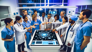 Un grupo diverso de profesionales de la salud, incluidos médicos y enfermeras, se reúne alrededor de una pantalla digital grande que muestra una interfaz de historia clínica electrónica. La pantalla destaca la interoperabilidad con gráficos y datos clínicos interconectados. El entorno es moderno y tecnológico, con equipos médicos avanzados visibles al fondo, y los profesionales están colaborando y tomando notas en tabletas.