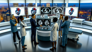 A diverse group of physicians, including a Hispanic cardiologist and an Asian radiologist, collaboratively discuss in front of a digital screen displaying a detailed 3D scan of the heart. The image highlights areas of interest with annotations, illustrating the application of AI in cardiac issues for early detection. In the background, advanced medical equipment and vital signs monitors are visible in a modern, well-lit hospital setting, emphasizing the integration of diagnostic technology in cardiovascular imaging.