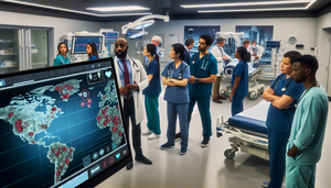Sala de emergencias moderna con un equipo diverso de profesionales de la salud, incluyendo un médico hispano, una enfermera asiática y un paramédico negro, reunidos alrededor de una pantalla digital que muestra datos epidemiológicos en tiempo real y alertas generadas por IA. La pantalla destaca áreas del mapa mundial con posibles amenazas sanitarias. El entorno refleja un ambiente de colaboración y tecnología avanzada en la atención médica.