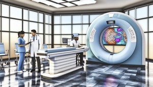 Modern hospital room featuring an advanced design PET-CT scanner at the center. A diverse team of medical professionals, including a Hispanic physician and an Asian technician, engage in discussion while reviewing detailed PET-CT images on a digital screen. The atmosphere embodies collaboration and innovation in nuclear medicine, highlighting the role of machine learning in advanced diagnosis and functional imaging.