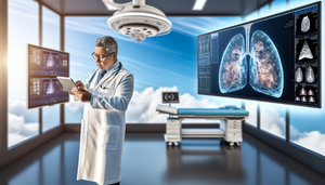 Un médico hispano de unos 40 años, con bata blanca y estetoscopio, examina atentamente una tableta digital que muestra un modelo 3D de pulmones humanos con áreas resaltadas, indicando signos tempranos de enfermedad respiratoria. Al fondo, un monitor grande exhibe un diagrama de red neuronal, simbolizando el uso de algoritmos de deep learning en la detección temprana de enfermedades respiratorias. La escena refleja un entorno profesional y enfocado en la integración de la inteligencia artificial en la neumología.