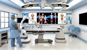 Sala de cirugía ortopédica moderna con un brazo quirúrgico robótico sobre la mesa de operaciones. En una pantalla digital se muestra un análisis biomecánico detallado de un esqueleto humano. Un equipo diverso de cirujanos ortopédicos observa atentamente, destacando la innovación y colaboración en la medicina ortopédica.