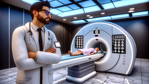 Sala de radiología moderna con un radiólogo hispano de unos 30 años examinando una pantalla digital con una imagen cerebral detallada, resaltada por inteligencia artificial para un análisis mejorado. Al fondo, una paciente hispana en una mesa de resonancia magnética, mostrando un ambiente profesional y sereno.