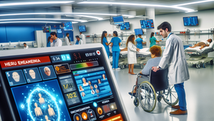 Sala de urgencias en un hospital de España con un médico joven interactuando con una pantalla digital que muestra un sistema de triaje automatizado impulsado por IA. Una enfermera asiste a una paciente mayor en silla de ruedas. El ambiente es moderno y eficiente, con tecnología avanzada y un tablero digital que proporciona actualizaciones en tiempo real para el personal médico.
