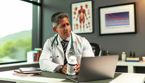 Un médico hispano de mediana edad, con bata blanca y estetoscopio, revisa atentamente un frasco de ibuprofeno en su escritorio de oficina médica moderna. En el escritorio hay libros médicos y una laptop con un gráfico de farmacocinética del ibuprofeno. El ambiente es profesional, reflejando un enfoque cuidadoso en los efectos secundarios del ibuprofeno, como reacciones gastrointestinales, úlceras y nefrotoxicidad.