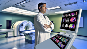 Laboratorio moderno de imagenología médica con enfoque en imagenología molecular. Un médico hispano de unos 40 años, con bata blanca, examina una pantalla digital de alta resolución que muestra escaneos moleculares coloridos y detallados. Los escaneos destacan áreas con radiotrazadores en varios órganos, subrayando la importancia del diagnóstico precoz de enfermedades sistémicas. El entorno es profesional y de alta tecnología, con un escáner PET/CT visible al fondo.