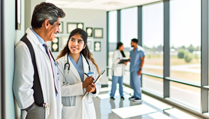 Un pasillo de hospital moderno y luminoso con un doctor hispano de mediana edad sonriendo cálidamente mientras conversa con una residente médica hispana. Ella escucha atentamente con un bloc de notas en mano. Al fondo, un grupo diverso de profesionales médicos colabora, reflejando un ambiente de mentoría y crecimiento profesional en medicina.
