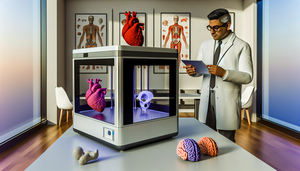 Oficina médica moderna centrada en la tecnología de impresión 3D, con una impresora creando un modelo anatómico detallado de un corazón humano. Un doctor hispano examina modelos impresos, comparándolos con un modelo digital en su tableta. El entorno refleja innovación en diagnóstico personalizado y planificación quirúrgica.