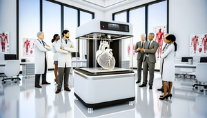 Un laboratorio médico moderno y bien iluminado con un enfoque en una impresora 3D creando un modelo anatómico detallado de un corazón humano. En el fondo, un grupo diverso de médicos examina un modelo 3D impreso de un cerebro humano, simbolizando la innovación y colaboración en tecnología médica para mejorar la planificación quirúrgica.