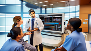 Un grupo diverso de profesionales de la salud, incluyendo un médico hispano, una enfermera asiática y una genetista afroamericana, discuten colaborativamente frente a una pantalla digital que muestra la historia clínica electrónica de un paciente con gráficos de datos genómicos. La escena refleja la integración de datos genómicos en la práctica clínica, destacando la innovación y la medicina de precisión.