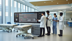 A diverse group of healthcare professionals, including a Hispanic physician, an Asian nurse, and a Black technician, gathers around a digital screen displaying an electronic health record interface with patient data and AI-generated analytics. In the background, a Caucasian doctor reviews information on a tablet. The setting illustrates the integration of AI in electronic health records, emphasizing innovation, hospital efficiency, and collaborative clinical workflow in a modern healthcare environment.