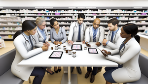 Un grupo diverso de médicos en una farmacia hospitalaria moderna, discutiendo interacciones farmacológicas. En la mesa hay libros de medicina y tabletas digitales con gráficos de interacciones de medicamentos. Al fondo, estantes con medicamentos organizados. Los médicos, con batas blancas y estetoscopios, muestran colaboración y enfoque en la seguridad del paciente.
