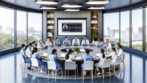 Modern hospital conference room with diverse healthcare professionals collaborating in a meeting. At the center, a round table surrounded by doctors, nurses, and specialists from various ethnic backgrounds discussing patient care. A screen on the wall displays a digital chart with patient data, reflecting an environment of focus, teamwork, and medical coordination for comprehensive care.