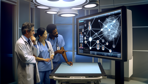 Un grupo diverso de profesionales de la salud, incluyendo un médico hispano, una enfermera asiática y un técnico afroamericano, colaboran frente a una pantalla digital que muestra gráficos de datos interconectados y mapas, simbolizando la interoperabilidad en un entorno hospitalario moderno. La atmósfera es profesional y colaborativa, destacando la integración y el uso de tecnología avanzada en el diagnóstico integrado.