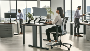 Oficina moderna con diseño ergonómico, donde una mujer hispana en sus 30s trabaja en un escritorio ajustable en altura, usando una computadora con monitor a nivel de los ojos. En el fondo, un hombre hispano en sus 40s ajusta un escritorio de pie. El espacio está bien iluminado con luz natural y decorado con plantas, promoviendo un ambiente de confort y productividad, destacando la importancia de la ergonomía en la salud ocupacional.