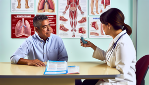 Hombre hispano de mediana edad en consultorio médico, sosteniendo un inhalador de prescripción. En el escritorio hay folletos sobre EPOC e ipratropio en español. Una doctora hispana señala un folleto, explicando con una sonrisa. Ambiente profesional y educativo.