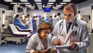 Un médico hispano de unos 40 años examina un dispositivo de diagnóstico portátil en un área de pruebas point-of-care en una sala de urgencias moderna en España. A su lado, una enfermera hispana sostiene una tableta con datos de pacientes. Al fondo, un grupo diverso de profesionales médicos trabaja con eficiencia, reflejando la importancia del diagnóstico rápido en medicina de urgencias.