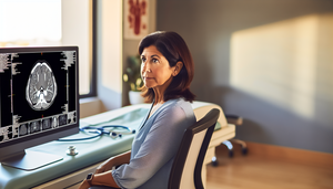 Una mujer hispana de mediana edad observa atentamente una pantalla de computadora que muestra una imagen detallada de una resonancia magnética, destacando un área de interés en una estructura muscular. La oficina médica moderna está bien iluminada, con equipo contemporáneo y un ambiente acogedor.
