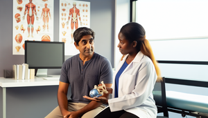 A middle-aged Hispanic man in a medical office points to his right shoulder with a concerned expression. The doctor, a Hispanic woman in her 40s, holds a shoulder joint model and a pen, explaining the differences between a rotator cuff injury and frozen shoulder. Anatomical charts of the shoulder are on the wall, and a computer on the desk displays a diagram of the shoulder joint, highlighting mobility limitations and rehabilitation options.