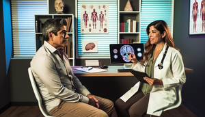 Un paciente hispano de mediana edad en una consulta médica moderna, escuchando atentamente a una doctora hispana que le explica con un diagrama del cerebro en una tableta. La escena refleja una consulta profesional y de confianza, centrada en la discusión sobre el tratamiento con levetiracetam para la epilepsia.