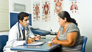 Una mujer hispana de mediana edad escucha atentamente a un médico caucásico que sostiene un bloc de recetas, en una consulta médica. En el escritorio hay un frasco etiquetado