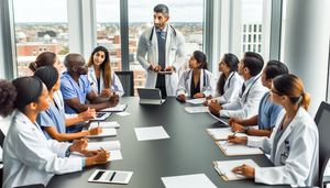 Un grupo diverso de profesionales de la salud, liderado por un médico hispano en sus 40s, se reúne en una sala de reuniones de un hospital moderno. Están comprometidos en una discusión colaborativa, reflejando liderazgo y trabajo en equipo en un entorno clínico.