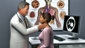 Un médico hispano de unos 40 años, con bata blanca y estetoscopio, examina cuidadosamente los ganglios linfáticos del cuello de una paciente hispana de unos 30 años en una consulta médica. En el fondo, un póster médico muestra el sistema linfático humano. En un escritorio cercano, una pantalla de computadora muestra una imagen de PET scan. La escena refleja un examen médico detallado y el uso de tecnología avanzada para el diagnóstico de linfoma no Hodgkin.