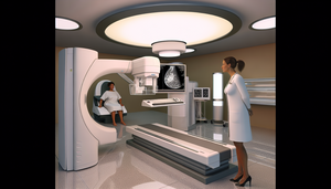 Sala de imagen médica moderna con una máquina de mamografía 3D como punto focal. Una radióloga hispana observa atentamente una pantalla con una imagen de mamografía 3D. En el fondo, una paciente hispana de mediana edad está sentada cómodamente. La escena destaca la tecnología avanzada y el ambiente profesional en la detección del cáncer de mama.