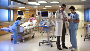Modern emergency room in a Spanish hospital, showcasing a team of healthcare professionals collaborating effectively. In the foreground, a Spanish physician meticulously reviews a patient's medical history while a nurse prepares life support equipment. In the background, a stable patient is connected to monitoring devices. This scene illustrates a focused urgency and teamwork essential for managing critical conditions and implementing emergency protocols in initial care.