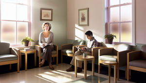 Sala de espera de clínica iluminada por luz natural, con personas sentadas tranquilamente. Una mujer hispana de mediana edad sostiene una taza de té, mientras un joven caucásico escribe en un cuaderno. El ambiente es sereno y acogedor, ideal para abordar crisis de salud mental en pacientes ambulatorios.