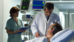 En una sala de urgencias de un hospital moderno en España, un médico hispano de mediana edad examina atentamente a un paciente hispano en sus 50 años, escuchando su pecho con un estetoscopio. El paciente, sentado en una cama de hospital, muestra una expresión de ansiedad controlada. Al fondo, monitores médicos muestran signos vitales. Una enfermera hispana observa la interacción, sosteniendo un portapapeles. La escena refleja un ambiente profesional y enfocado en la atención urgente del síndrome coronario agudo.