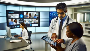 Modern medical office featuring a diverse group of healthcare professionals collaborating. In the center, a Hispanic physician in his 40s carefully reviews a digital tablet with an EMR interface, while an African American nurse points to the screen, suggesting a collaborative discussion. In the background, a Caucasian female doctor in her 50s takes notes in an EMR system. The image illustrates the effective use of technology to maximize clinical time through efficient medical record management and EMR systems.