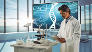 Un médico hispano de unos 40 años, con bata blanca, examina atentamente una tableta digital que muestra una secuencia de ADN en un laboratorio moderno centrado en la medicina personalizada y la farmacogenómica. Detrás, una pantalla grande muestra un modelo 3D de una doble hélice de ADN, simbolizando la investigación genética. El entorno refleja tecnología avanzada e innovación en medicina.