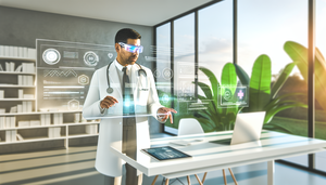 Consultorio médico moderno con diseño futurista, donde un doctor hispano de unos 40 años, con bata blanca y gafas inteligentes, interactúa con una pantalla holográfica que muestra datos médicos y análisis de IA. El ambiente es profesional y calmado, con luz natural y plantas, simbolizando la integración de tecnología y naturaleza en la práctica médica avanzada.