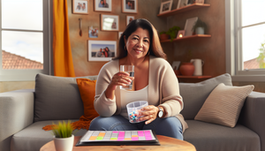 Mujer hispana de mediana edad sentada en una sala de estar acogedora, sosteniendo un organizador de pastillas y un vaso de agua, mirando un calendario con pegatinas de colores. La escena transmite una sensación de rutina positiva y organización, relevante para la adherencia terapéutica en tratamientos a largo plazo.