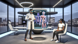 Consultorio médico moderno con un toque futurista, donde un doctor hispano de unos 40 años interactúa con un holograma de un modelo anatómico 3D, mientras una paciente hispana observa con interés. El entorno refleja innovación en el uso del metaverso en la medicina, con herramientas avanzadas y un enfoque en la realidad inmersiva para consultas y formación médica.