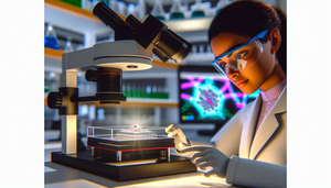Una científica hispana joven, con bata de laboratorio y gafas de seguridad, examina un chip microfluídico bajo una luz LED en un laboratorio moderno. El entorno refleja innovación y precisión en el campo de los microfluidos y la miniaturización de diagnósticos complejos.
