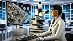 Científica hispana en laboratorio moderno, observando imágenes detalladas de patógenos en una pantalla de computadora, capturadas por un microscopio electrónico de alto rendimiento. El entorno refleja tecnología avanzada y precisión en la detección de patógenos.