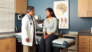 A middle-aged Hispanic doctor in a white coat and stethoscope attentively listens to a Hispanic female patient in her 30s during a medical consultation. The patient, with a worried expression, is seated on the examination table. On the wall, a diagram of the human brain highlights areas related to migraine and tension-type headache. The environment is professional and welcoming, ideal for a collaborative diagnostic approach focusing on headache management and photophobia.