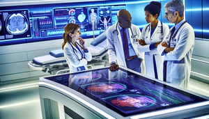 Equipo diverso de médicos y científicos de datos colaborando en un hospital moderno, centrados en una pantalla digital con visualizaciones de datos y gráficos coloridos que representan analíticas de datos de pacientes, destacando la integración de tecnología y medicina para un diagnóstico basado en evidencia.