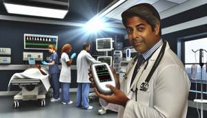 Un médico hispano de unos 40 años en una sala de urgencias moderna, sosteniendo un dispositivo portátil de análisis sanguíneo con pantalla digital que muestra gráficos y datos. Al fondo, un equipo diverso de profesionales médicos trabaja en conjunto, reflejando un ambiente de urgencia y tecnología avanzada para diagnósticos instantáneos.