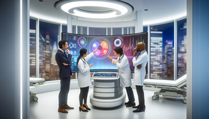 A modern hospital room equipped with advanced medical technology, where a diverse group of physicians is observing a large digital screen displaying complex data and predictive models. The screen showcases colorful graphs symbolizing predictive analytics in healthcare. The physicians, from various ethnic backgrounds, are engaged in focused discussion, emphasizing collaboration and innovation in the implementation of AI and clinical algorithms for enhancing diagnostic accuracy and shaping the future of medicine.