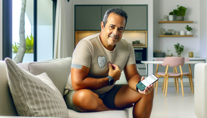 Hombre hispano de mediana edad sentado en un sofá moderno, usando un parche cardíaco discreto en el pecho. Sostiene un smartphone que muestra una aplicación de monitoreo de salud con datos en tiempo real sobre su corazón, ilustrando la integración de tecnología médica avanzada en la vida diaria.