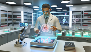 Un científico hispano de unos 40 años, con bata de laboratorio y gafas de seguridad, examina una tableta transparente que muestra un modelo holográfico 3D de una célula humana, rodeada de nanosensores y nanobots. El laboratorio futurista está equipado con instrumentos científicos y una pantalla de computadora con datos sobre nanotecnología, destacando la detección precoz y la administración avanzada de fármacos.