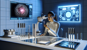 Imagen de un laboratorio médico futurista con una científica hispana examinando un vial con nanosensores. Al fondo, se observa un modelo 3D de una célula cancerosa con marcadores tumorales destacados en una computadora. La escena refleja innovación en nanotecnología médica para la detección precoz de cáncer.