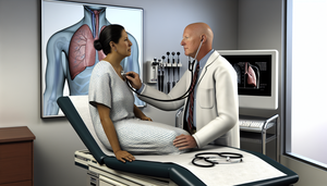 Consulta médica en una clínica moderna: un médico hispano de mediana edad escucha el pecho de una paciente hispana con un estetoscopio. En la pared, un diagrama del sistema respiratorio resalta los pulmones. En la computadora, se muestra una radiografía torácica digital. La escena subraya la importancia del diagnóstico preciso entre neumonía bacteriana y atípica.