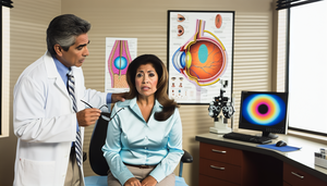 Una mujer hispana de mediana edad en la consulta de un oftalmólogo, mostrando preocupación mientras el médico, también hispano, le explica algo señalando un gráfico anatómico del ojo que destaca el nervio óptico. En el escritorio, hay herramientas médicas y una computadora con un modelo 3D del ojo. La escena refleja un ambiente profesional y moderno.