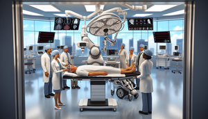 Un quirófano moderno con tecnología avanzada donde un sistema quirúrgico robótico realiza una neurocirugía en un paciente hispano de mediana edad. Un equipo diverso de cirujanos observa y controla el procedimiento a través de una interfaz digital. A un lado, una mujer hispana joven utiliza un exoesqueleto, guiada por un fisioterapeuta, para ayudarla a caminar. La escena refleja innovación y esperanza en la ciencia médica.
